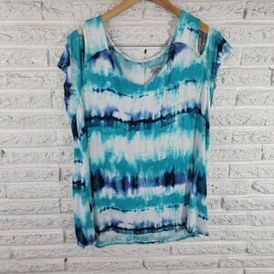 Lane Bryant Womens Top 18 20 Plus Tee Cold Shoulder Blue Tie Dye TIE25E